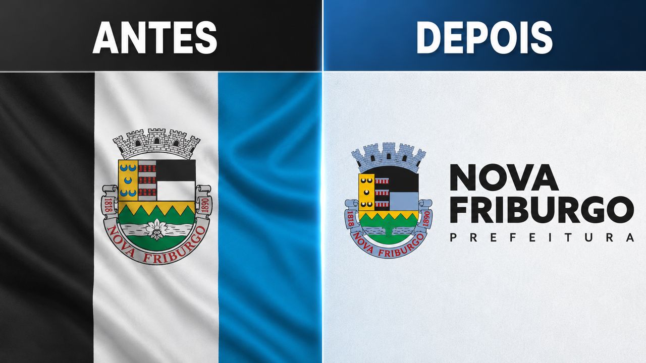 Comparação entre o brasão historicamente conhecido de Nova Friburgo, a versão adotada pela Prefeitura e documentos do processo de mudança.