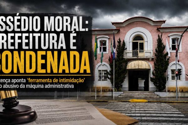 Fachada da Prefeitura de Nova Friburgo em arte jornalística sobre a condenação do Município por assédio moral institucional.