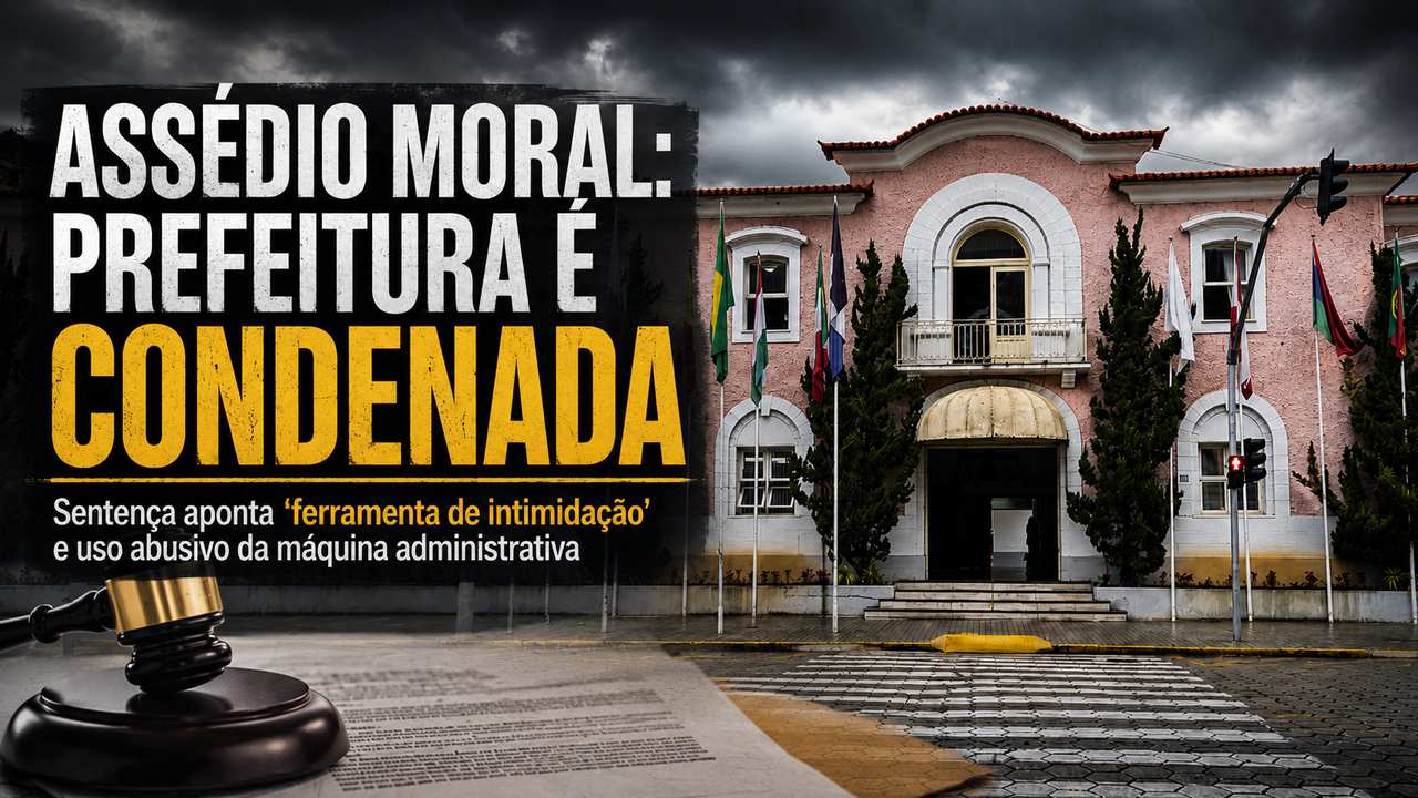 Fachada da Prefeitura de Nova Friburgo em arte jornalística sobre a condenação do Município por assédio moral institucional.