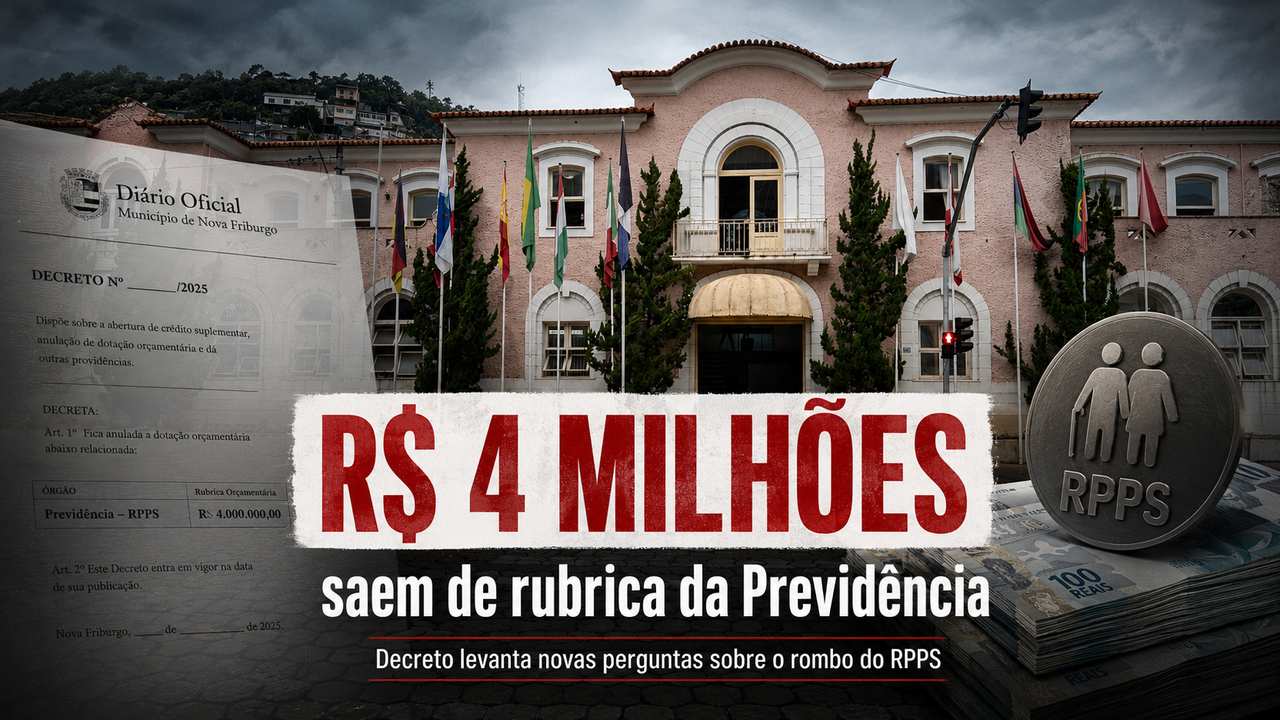 Página do Diário Oficial de Nova Friburgo com decreto que remaneja R$ 4 milhões de uma rubrica ligada à Previdência.