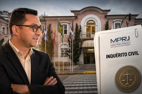 Documento do Ministério Público ao lado da Prefeitura de Nova Friburgo em arte sobre o inquérito da Previdência municipal.