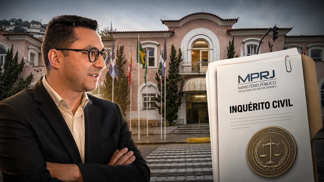 Documento do Ministério Público ao lado da Prefeitura de Nova Friburgo em arte sobre o inquérito da Previdência municipal.