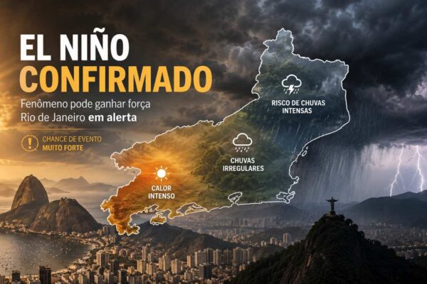 Mapa do Estado do Rio de Janeiro sob efeitos do El Niño, com calor intenso, chuvas irregulares e risco de temporais.