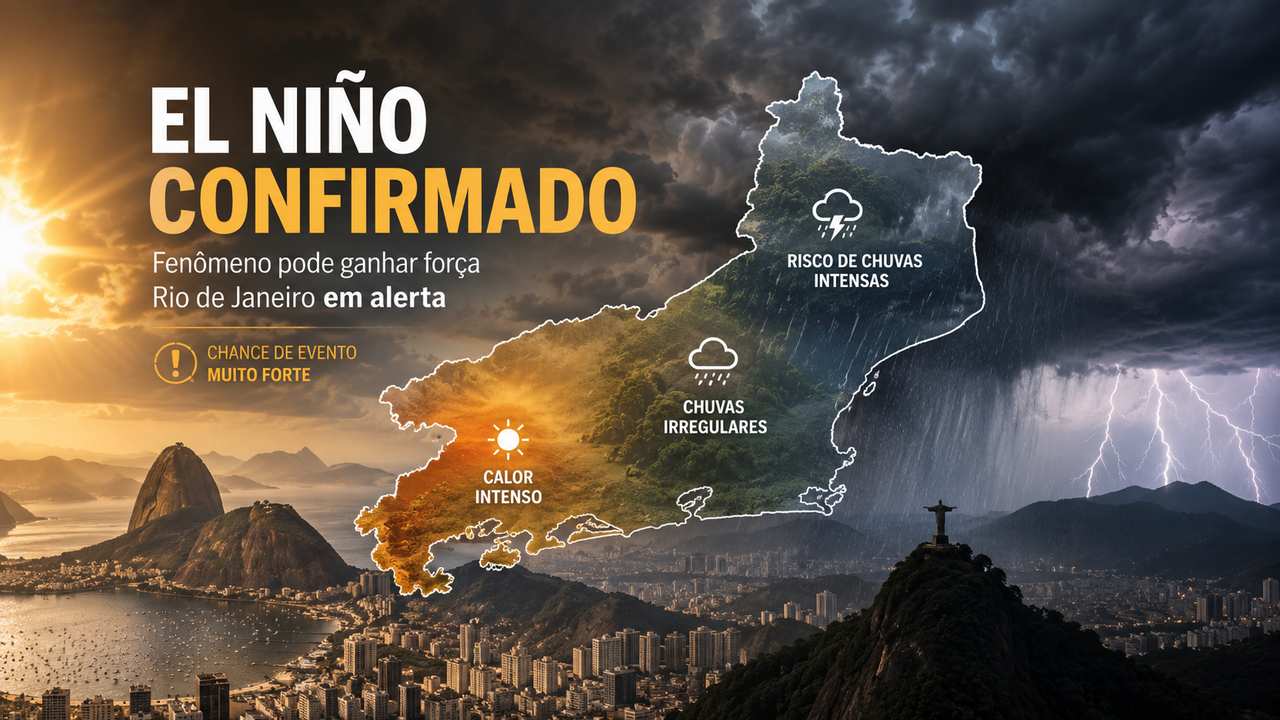 Mapa do Estado do Rio de Janeiro sob efeitos do El Niño, com calor intenso, chuvas irregulares e risco de temporais.
