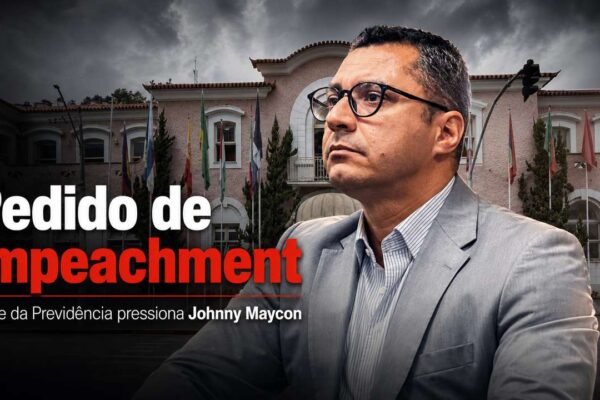 Montagem com a Prefeitura de Nova Friburgo e elementos da Câmara Municipal, representando o pedido de impeachment anunciado contra Johnny Maycon.