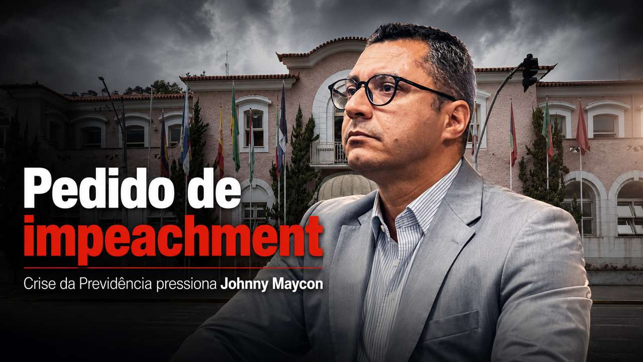 Montagem com a Prefeitura de Nova Friburgo e elementos da Câmara Municipal, representando o pedido de impeachment anunciado contra Johnny Maycon.