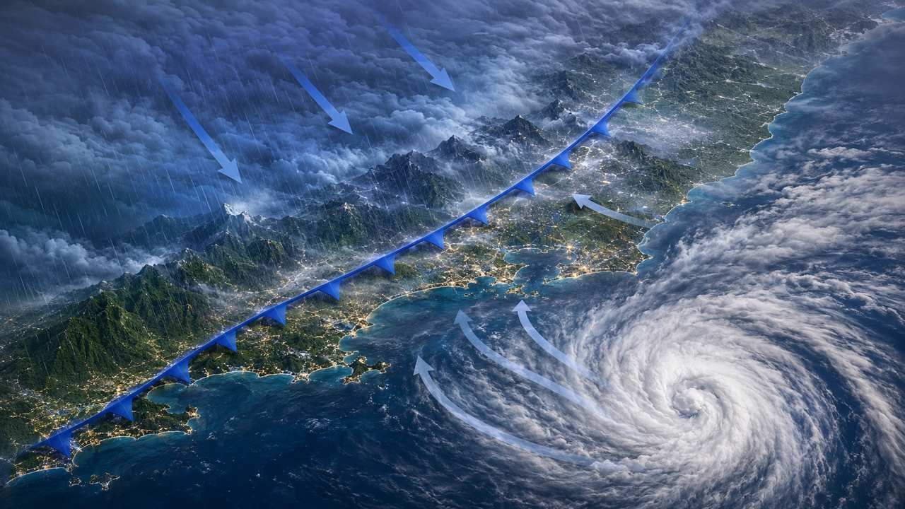 Nuvens carregadas e chuva sobre área urbana do Estado do Rio de Janeiro, representando a chegada da baixa pressão e a queda das temperaturas.