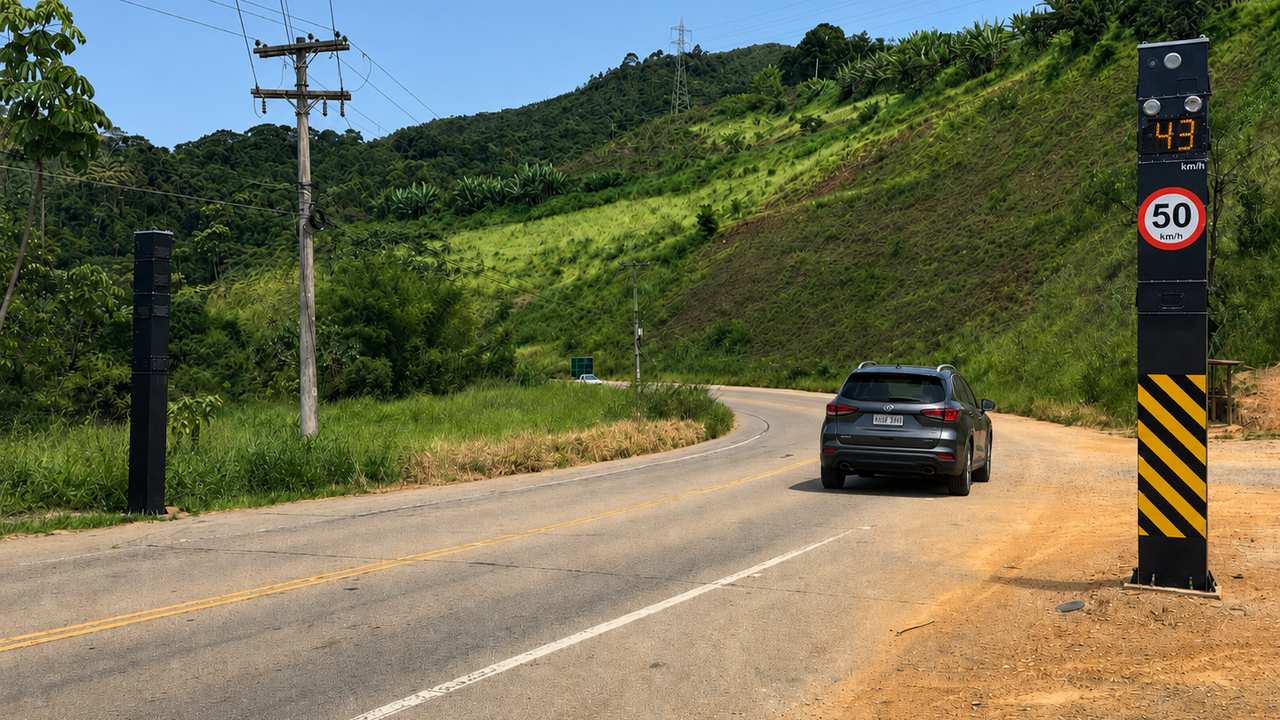 Radar de fiscalização instalado às margens da RJ-106 enquanto veículos trafegam pela Rodovia Amaral Peixoto.