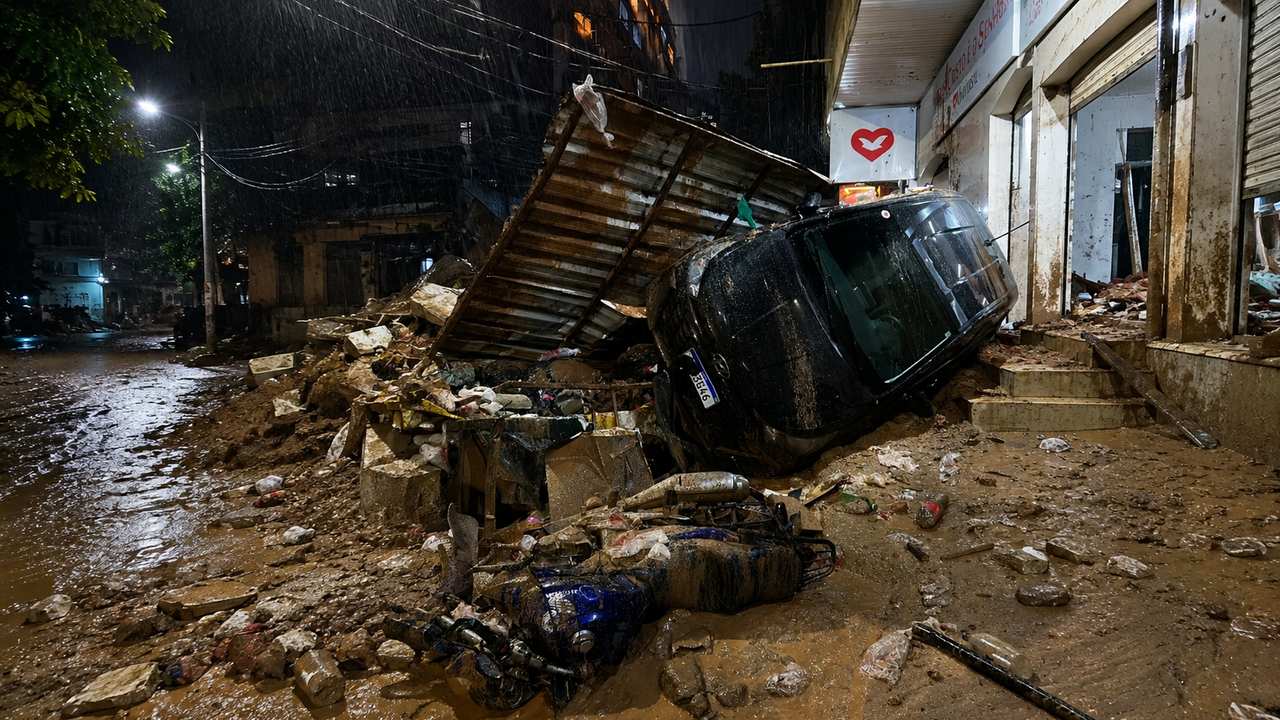 Via interditada após chuva e equipes trabalhando na retirada de terra e no reparo de uma rede no Rio de Janeiro.