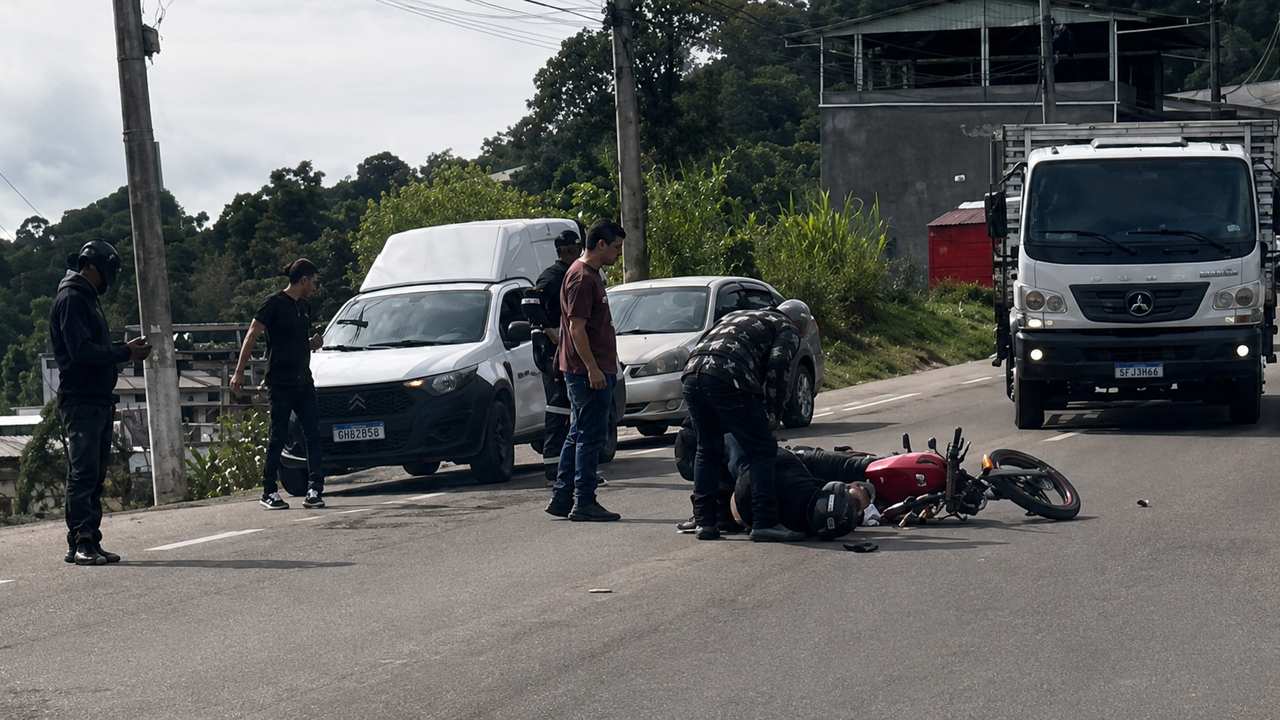 Equipes de emergência atendem ocorrência envolvendo carro e motocicleta na RJ-130, em Nova Friburgo.