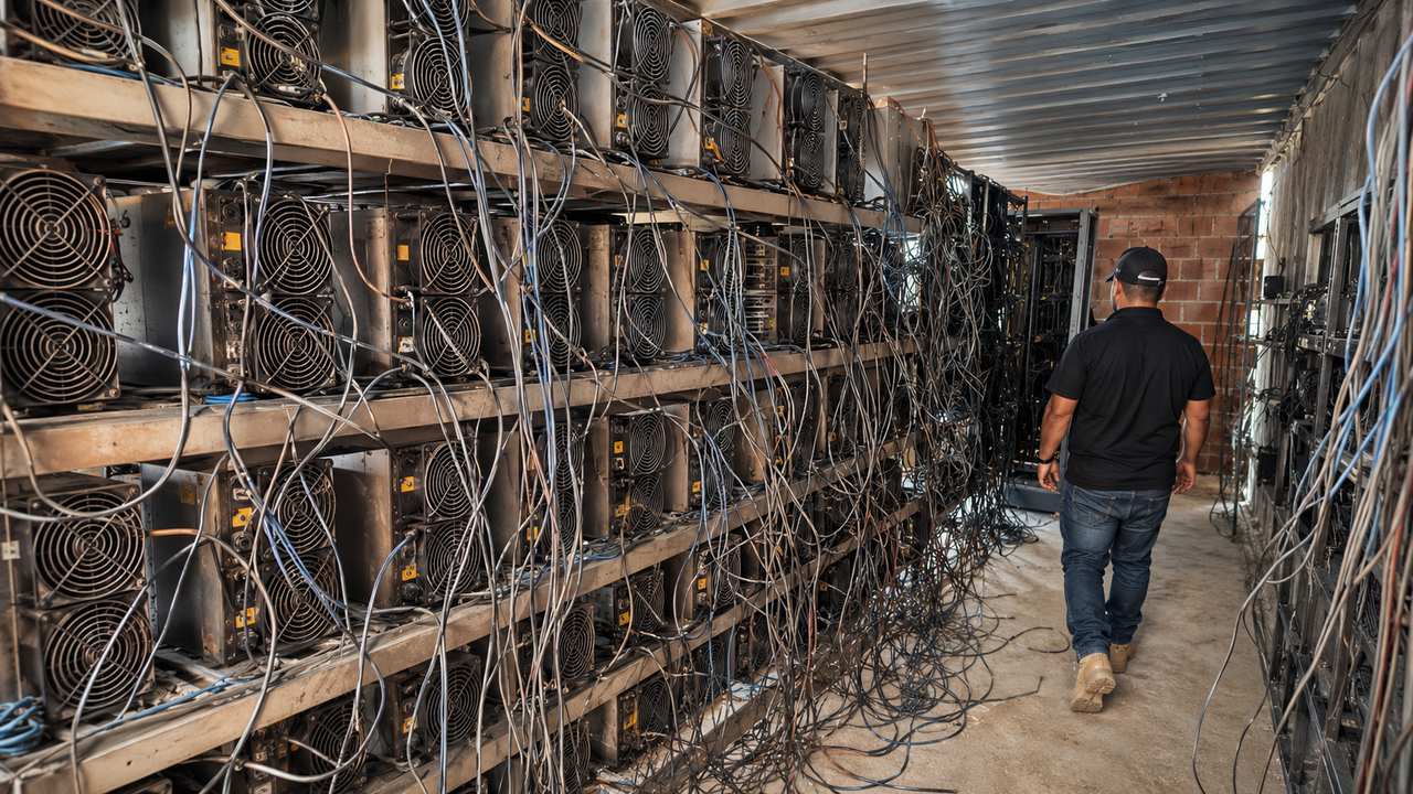 Fileiras de equipamentos usados na mineração de Bitcoin apreendidos em galpão de Jardim Gramacho, em Duque de Caxias.