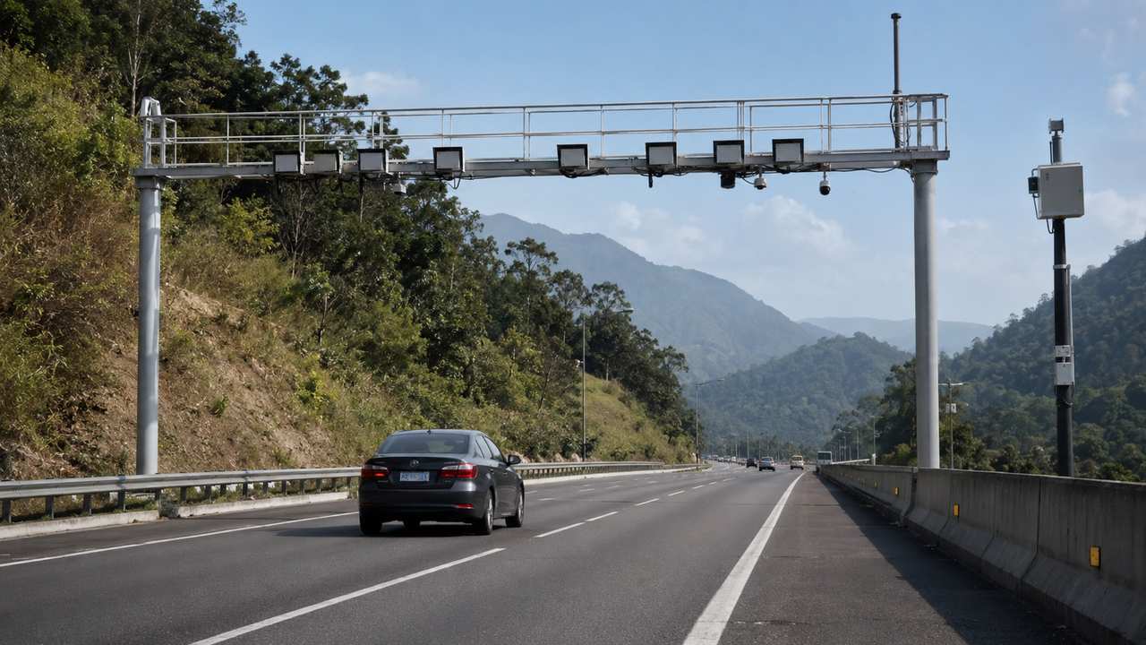 Veículos trafegam pela BR-101 enquanto equipamentos eletrônicos monitoram a passagem em diferentes pontos da rodovia.