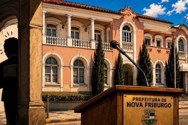 Rodrigo de Lima apresenta o comunicado da Prefeitura ao lado de documentos oficiais do CadPrev sobre a Previdência municipal.