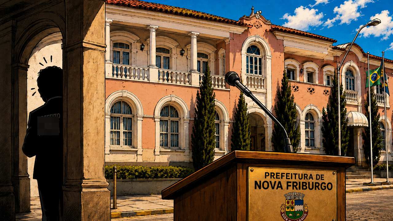 Rodrigo de Lima apresenta o comunicado da Prefeitura ao lado de documentos oficiais do CadPrev sobre a Previdência municipal.
