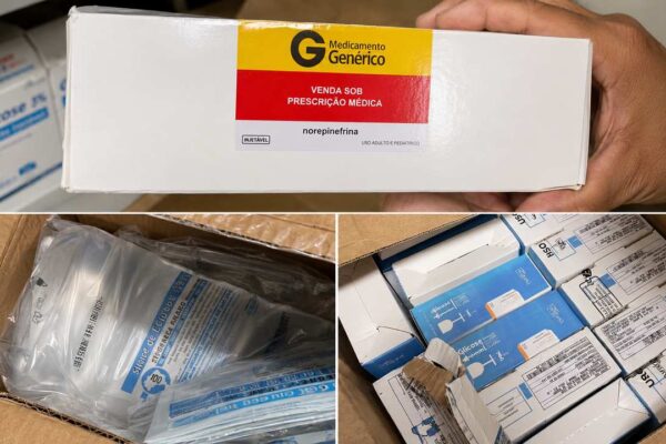 Caixas com medicamentos armazenadas em sala do Hospital Municipal Raul Sertã durante fiscalização realizada após denúncia.