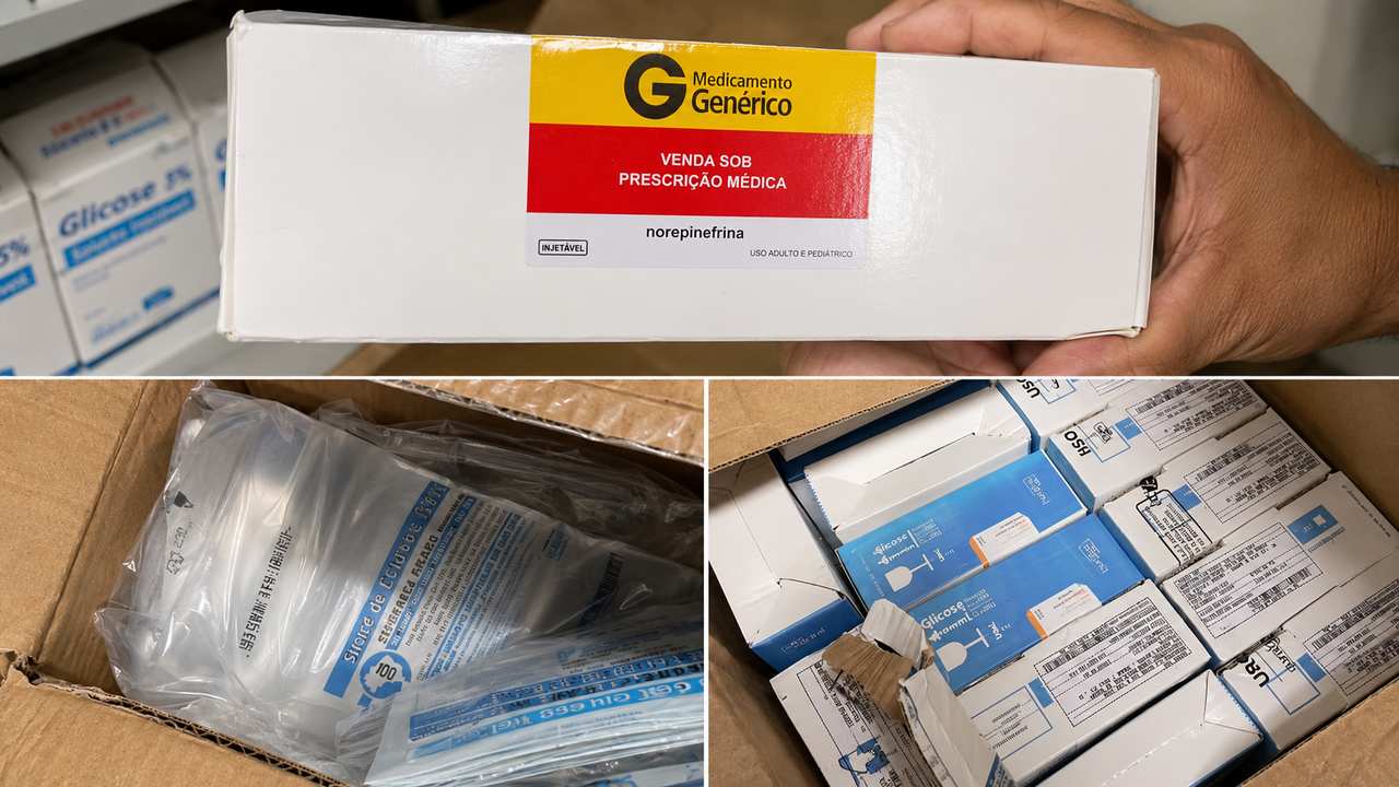Caixas com medicamentos armazenadas em sala do Hospital Municipal Raul Sertã durante fiscalização realizada após denúncia.