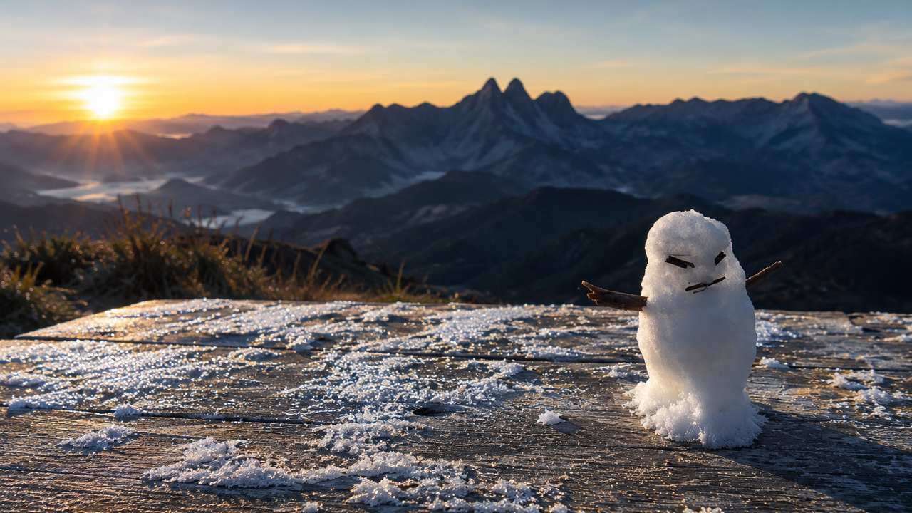 Boneco de gelo sobre uma superfície coberta por geada ao amanhecer, com arte destacando as temperaturas mínimas registradas em Nova Friburgo, Itatiaia e outras cidades do Estado do Rio de Janeiro.