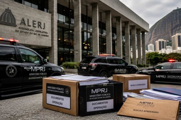 Agentes públicos e policiais durante operação de busca em prédio institucional no Rio de Janeiro, em investigação sobre suspeita de ligação com facção criminosa.