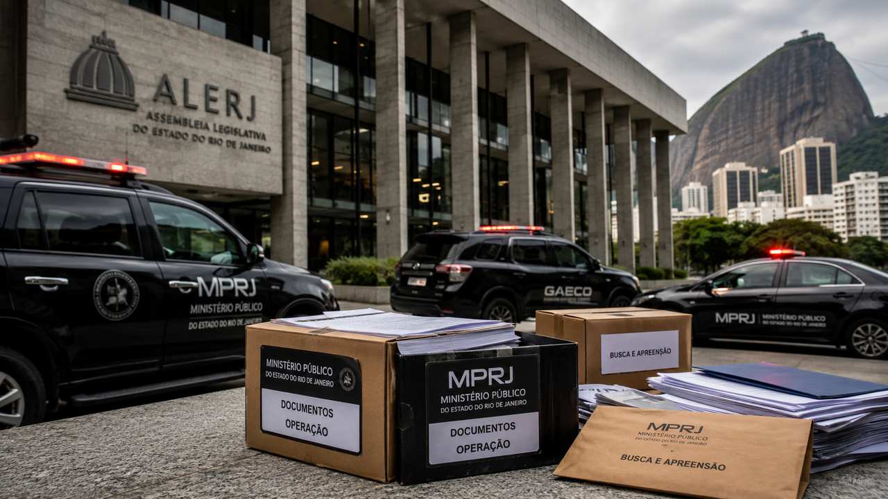 Agentes públicos e policiais durante operação de busca em prédio institucional no Rio de Janeiro, em investigação sobre suspeita de ligação com facção criminosa.