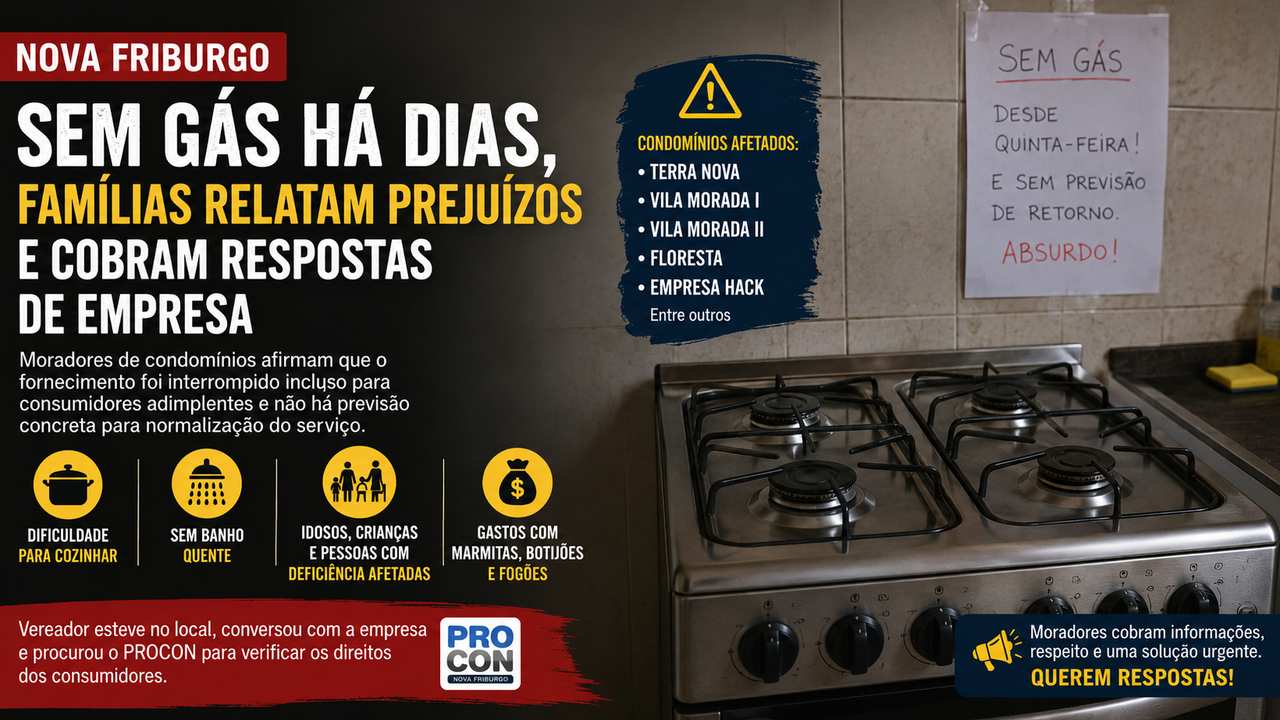 Morador utiliza fogão improvisado após interrupção do fornecimento de gás em condomínio de Nova Friburgo.