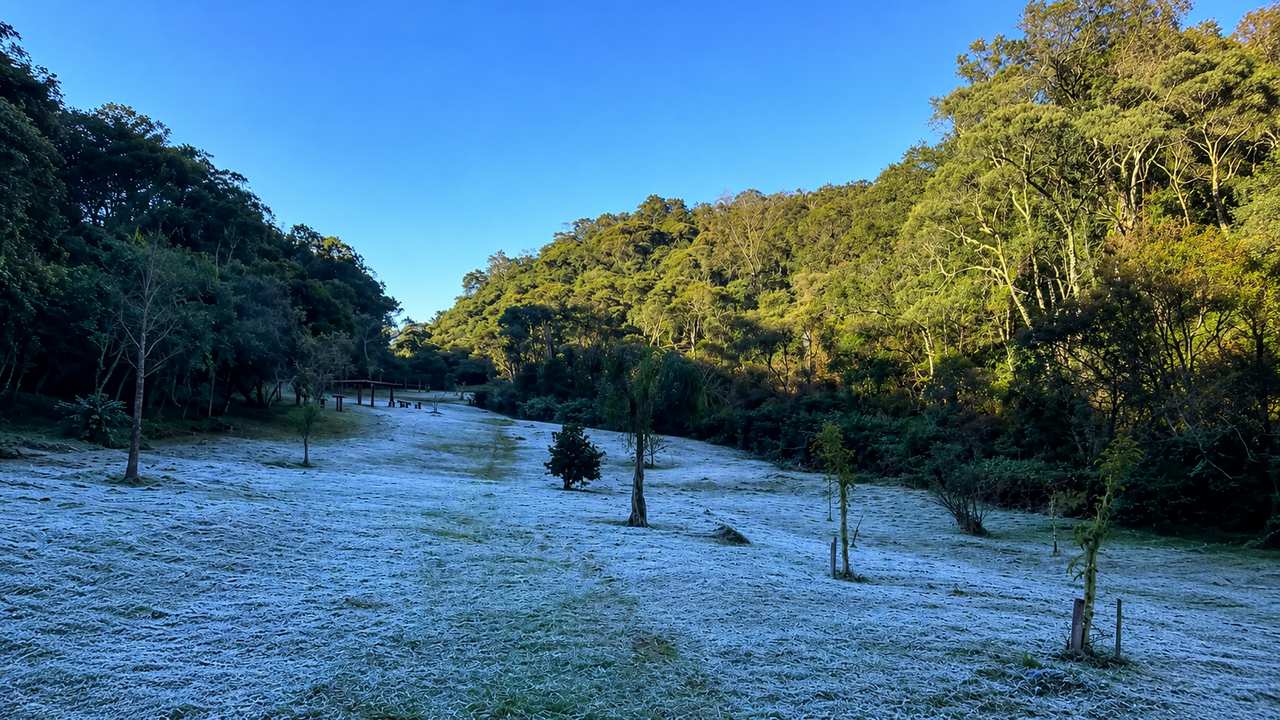 Geada cobre gramado e estruturas de madeira na região dos Três Picos, em Nova Friburgo, após madrugada de frio intenso.