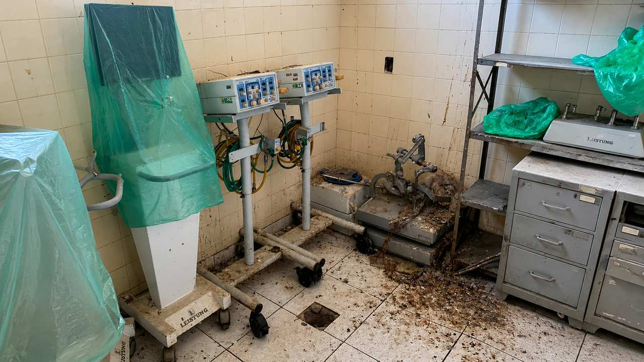 Área interna do Hospital Raul Sertã com sujeira, sinais de mofo e condições precárias relatadas durante fiscalização de vereador.