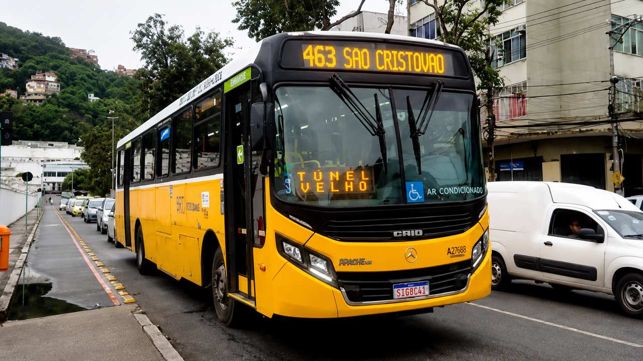 Ônibus novo do Sistema RIO circulando em via urbana, representando a retomada da linha entre São Cristóvão e Copacabana.