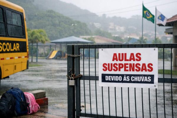 Escolas suspendem aulas devido às fortes chuvas no Rio de Janeiro. Placa e ônibus escolar.