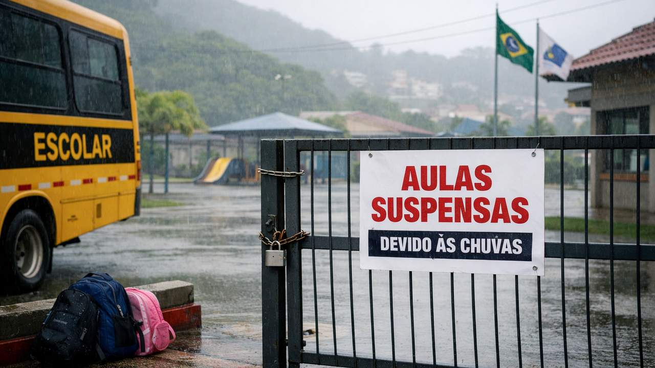 Escolas suspendem aulas devido às fortes chuvas no Rio de Janeiro. Placa e ônibus escolar.
