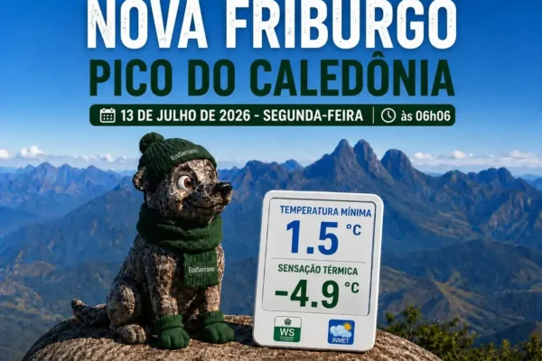 Mascote do EcoSerrano agasalhado no Pico do Caledônia ao lado de um painel com temperatura mínima de 1,5°C e sensação térmica de -4,9°C.
