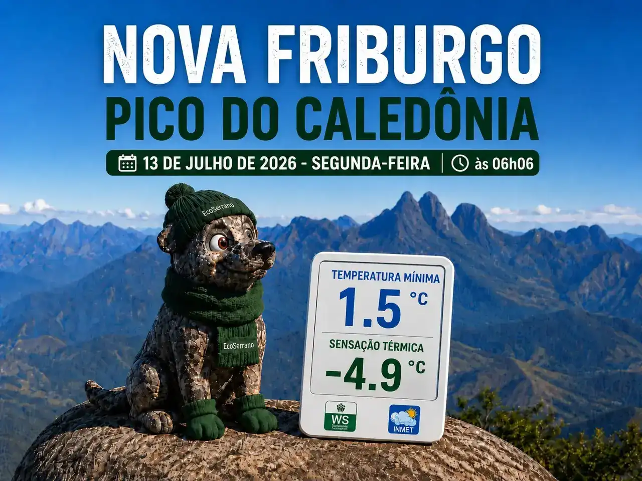 Mascote do EcoSerrano agasalhado no Pico do Caledônia ao lado de um painel com temperatura mínima de 1,5°C e sensação térmica de -4,9°C.