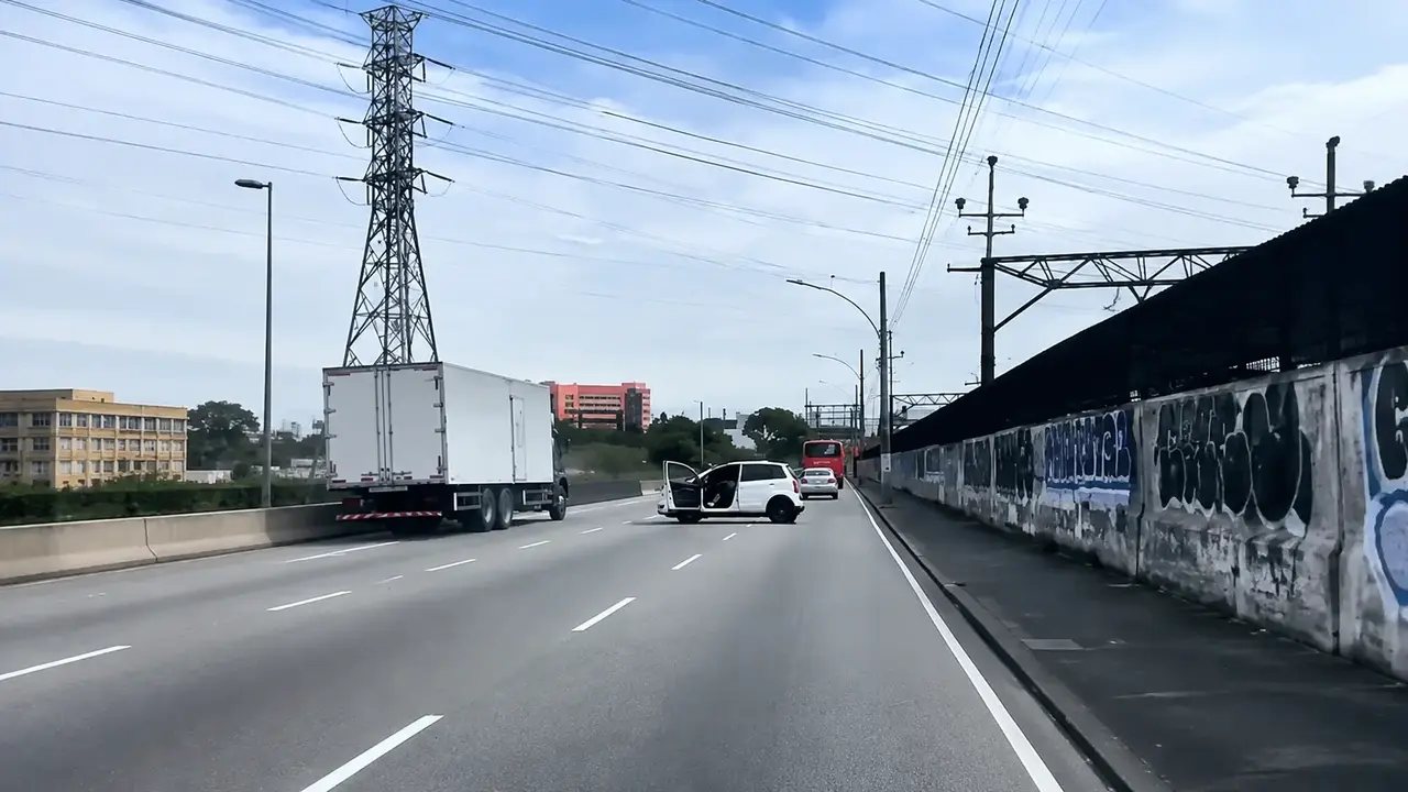 Caminhão e carro em contato durante confusão no Viaduto de Cascadura