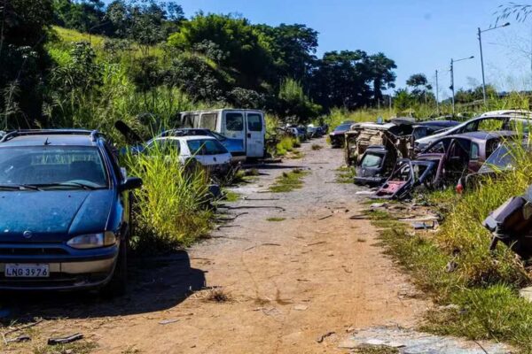 Ferro-velho clandestino com carcaças de carros em terreno descampado.