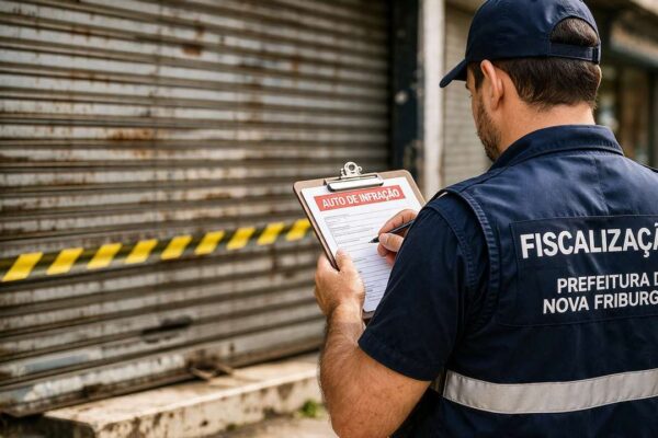 Fiscal municipal lavrando auto de infração em frente a estabelecimento comercial.