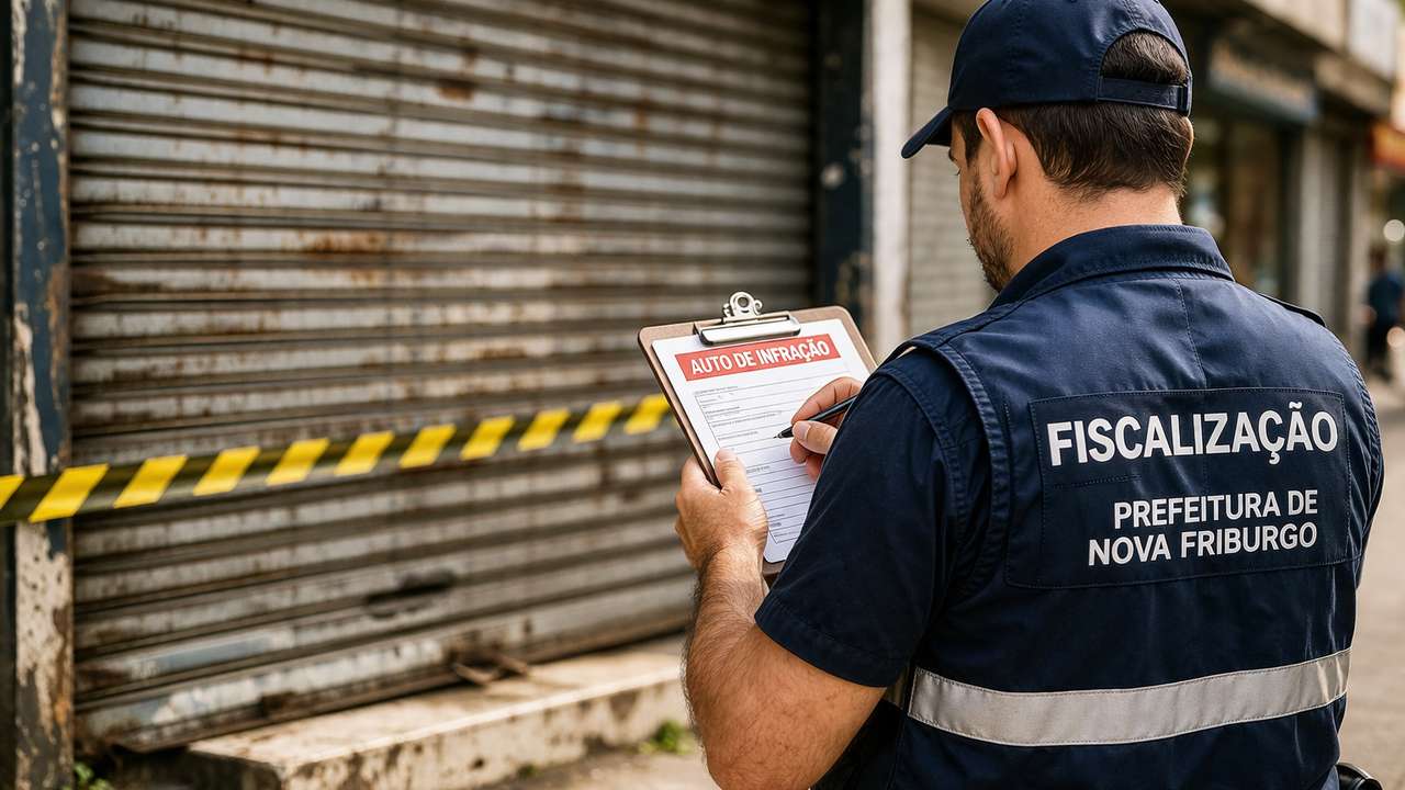 Fiscal municipal lavrando auto de infração em frente a estabelecimento comercial.