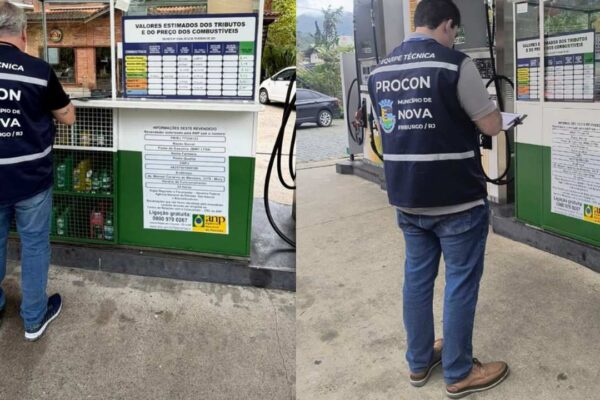 Fiscalização do PROCON em posto de gasolina de Nova Friburgo, RJ, verificando preços.