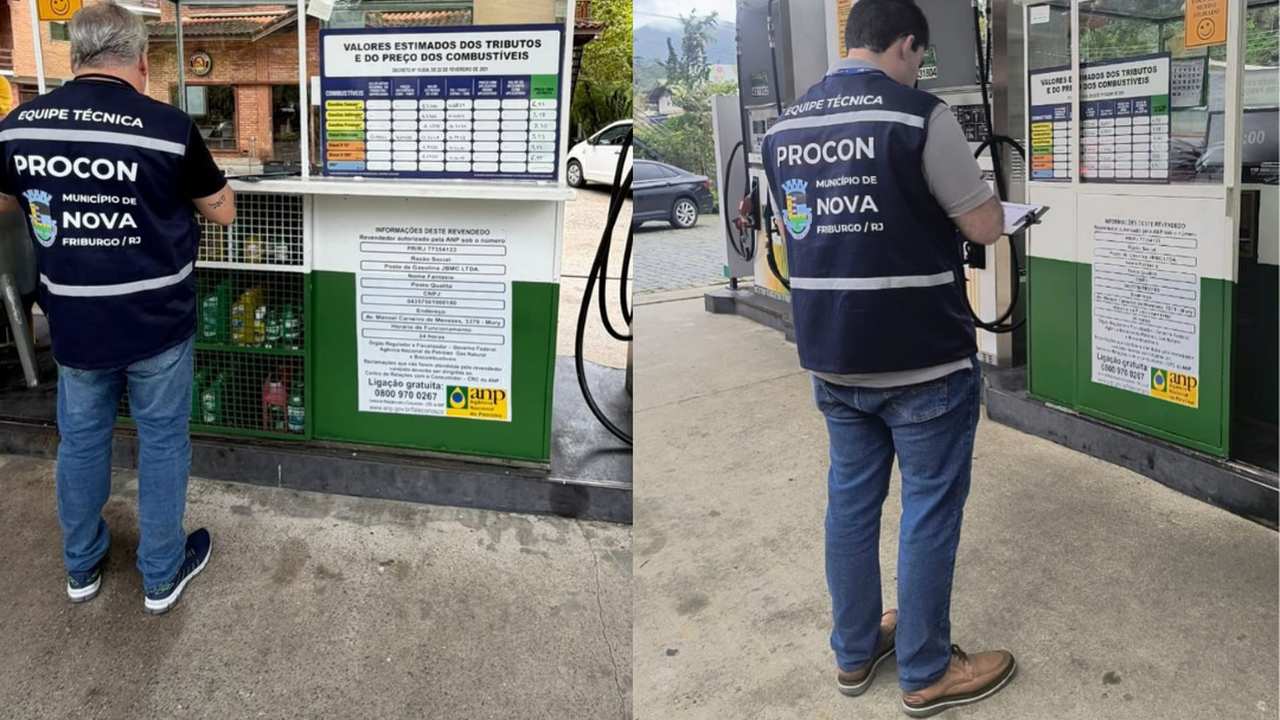 Fiscalização do PROCON em posto de gasolina de Nova Friburgo, RJ, verificando preços.
