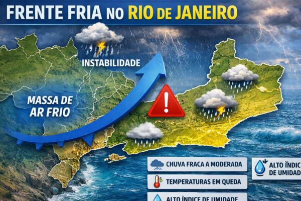 Frente fria no Rio de Janeiro: mapa mostra chuva fraca a moderada, temperaturas em queda e alta umidade, 20 de março de 2026.