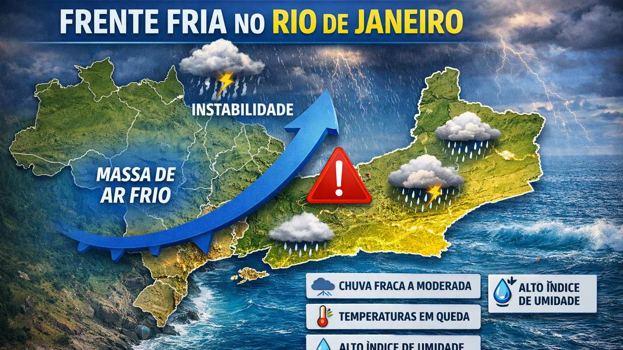 Frente fria no Rio de Janeiro: mapa mostra chuva fraca a moderada, temperaturas em queda e alta umidade, 20 de março de 2026.