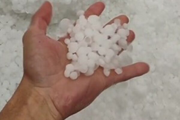 Granizo sendo segurado em uma mão, com um fundo de mais granizo.