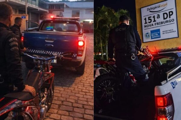 Guarda Civil Municipal em ação em Nova Friburgo, com viatura e moto apreendida.