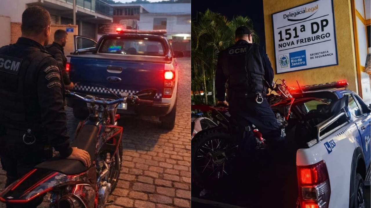 Guarda Civil Municipal em ação em Nova Friburgo, com viatura e moto apreendida.