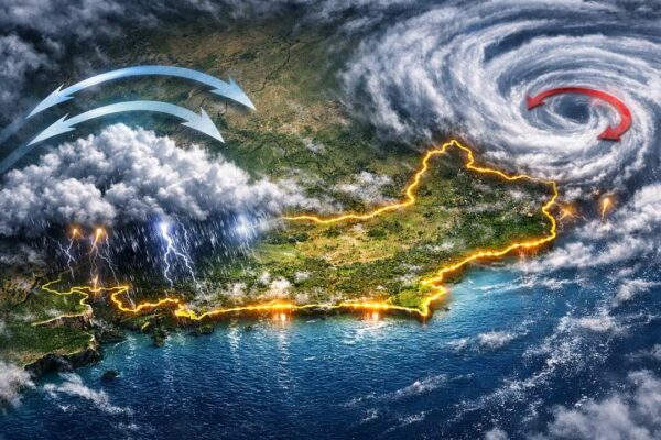 Ilustração de tempestade sobre o estado do Rio de Janeiro, com raios, nuvens e ventos.