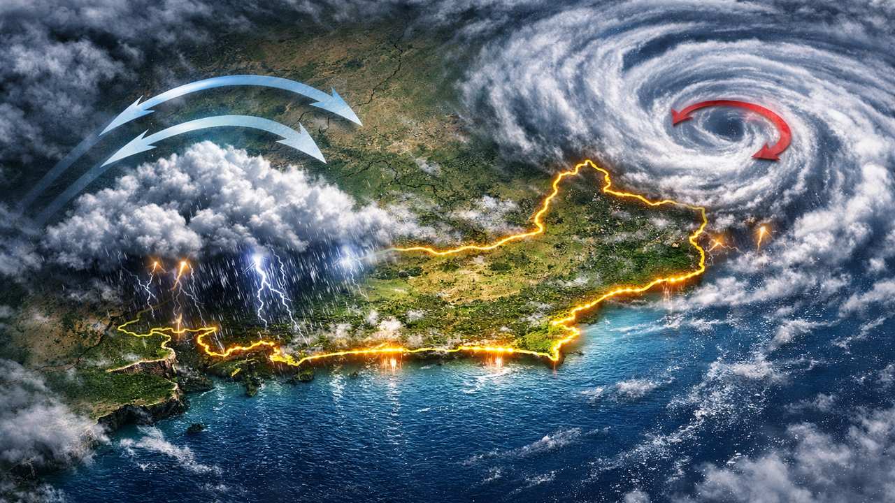 Ilustração de tempestade sobre o estado do Rio de Janeiro, com raios, nuvens e ventos.