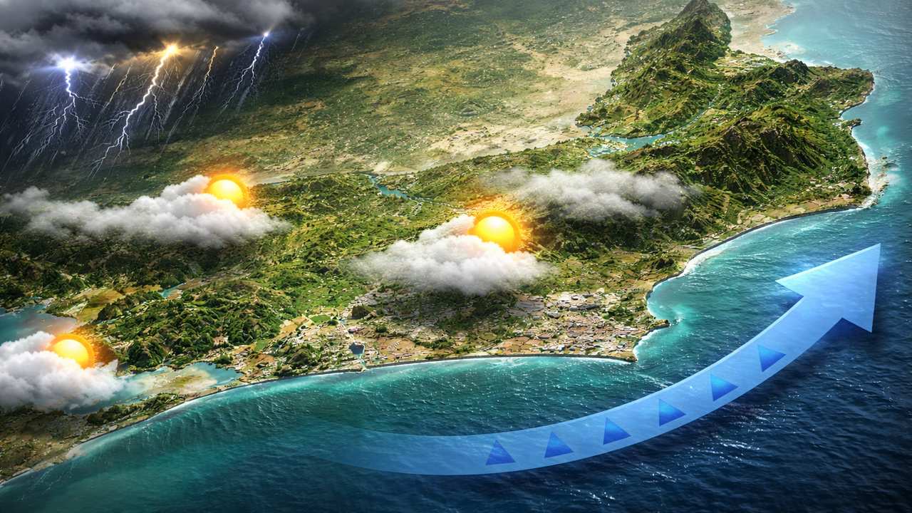 Ilustração do clima no Rio de Janeiro em abril: sol, nuvens, raios e seta indicando correntes de ar.