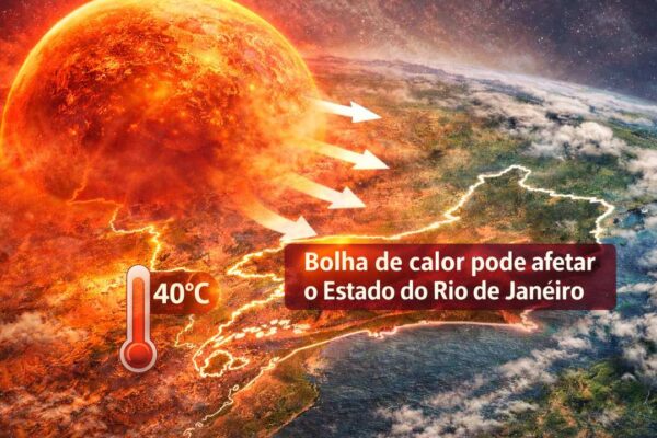 Ilustração mostra aquecimento com temperaturas de 40°C afetando o Rio de Janeiro.