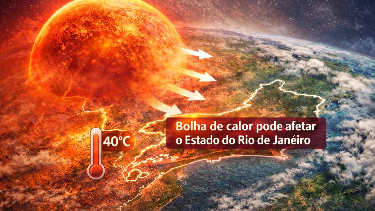 Ilustração mostra aquecimento com temperaturas de 40°C afetando o Rio de Janeiro.