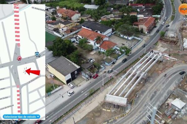 Imagem aérea mostra projeto de duplicação de via em Campo Grande, com mapa e indicações.