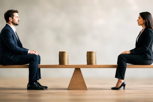 Imagem conceitual de igualdade salarial: homem e mulher em gangorra com pilhas de moedas.