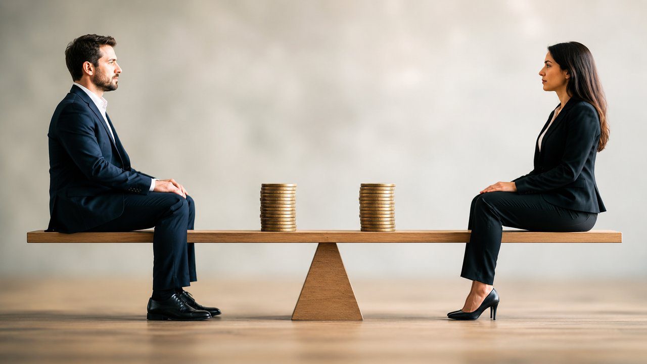 Imagem conceitual de igualdade salarial: homem e mulher em gangorra com pilhas de moedas.